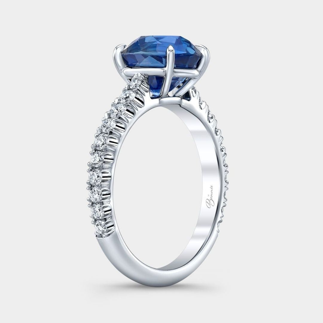Oval Blue Sapphire Gemstone with U Pave Tapered Cathedral Platinum Engagement Ring