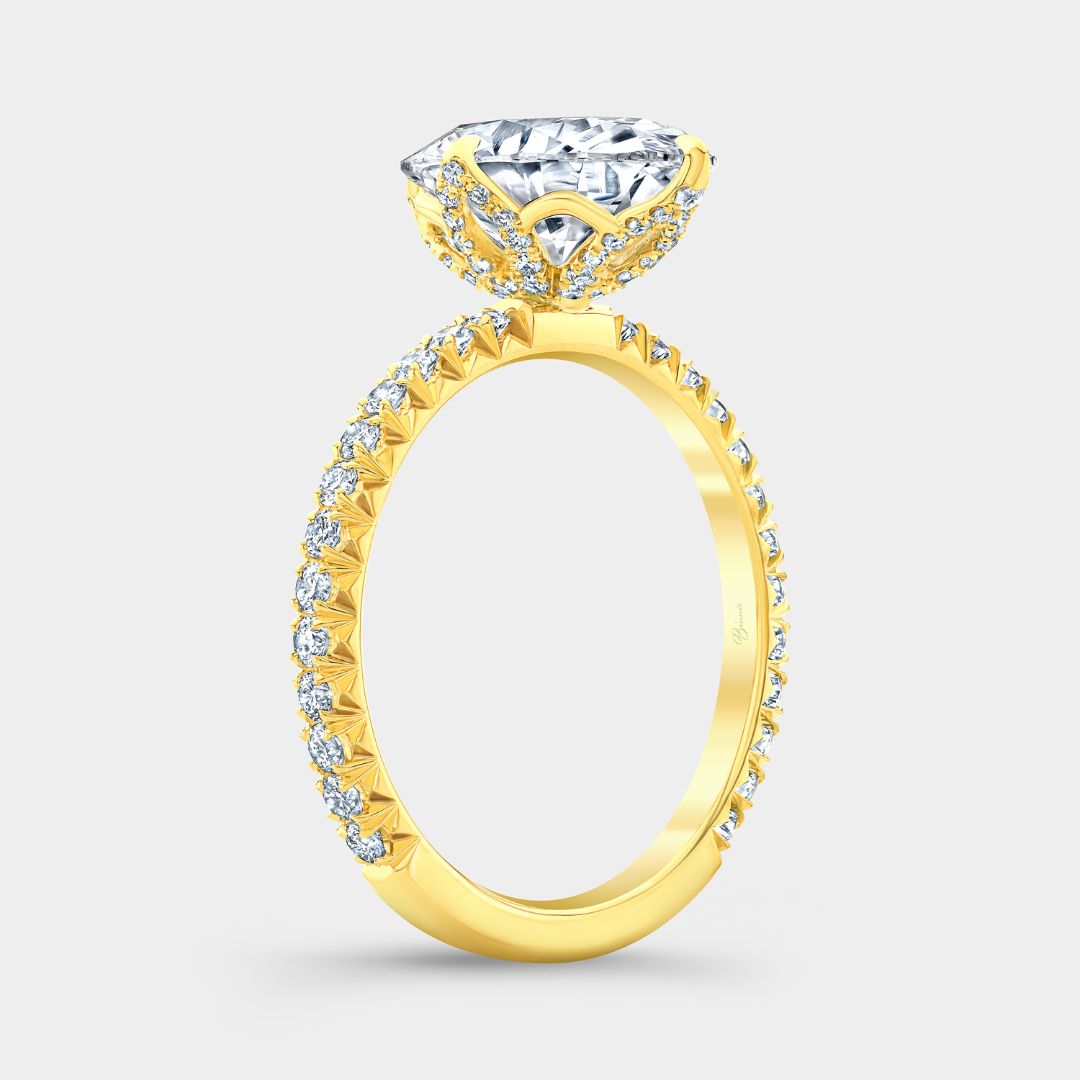 Oval Diamond Full Diamond Tulip Basket French Pave Yellow Gold Engagement Ring