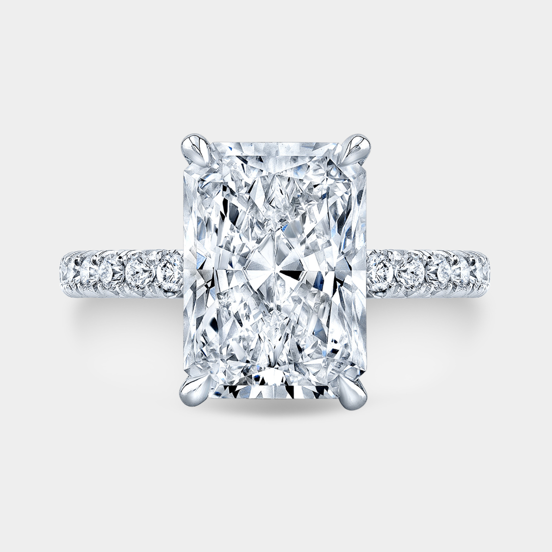 7ct Lab Grown Radiant Diamond Hidden Halo French Pavé Platinum Engagement Ring