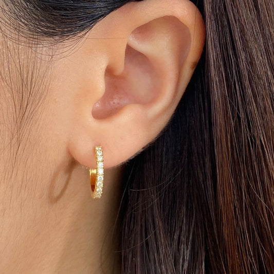 Natural Round Diamond French Pave Yellow Gold Huggie Earrings