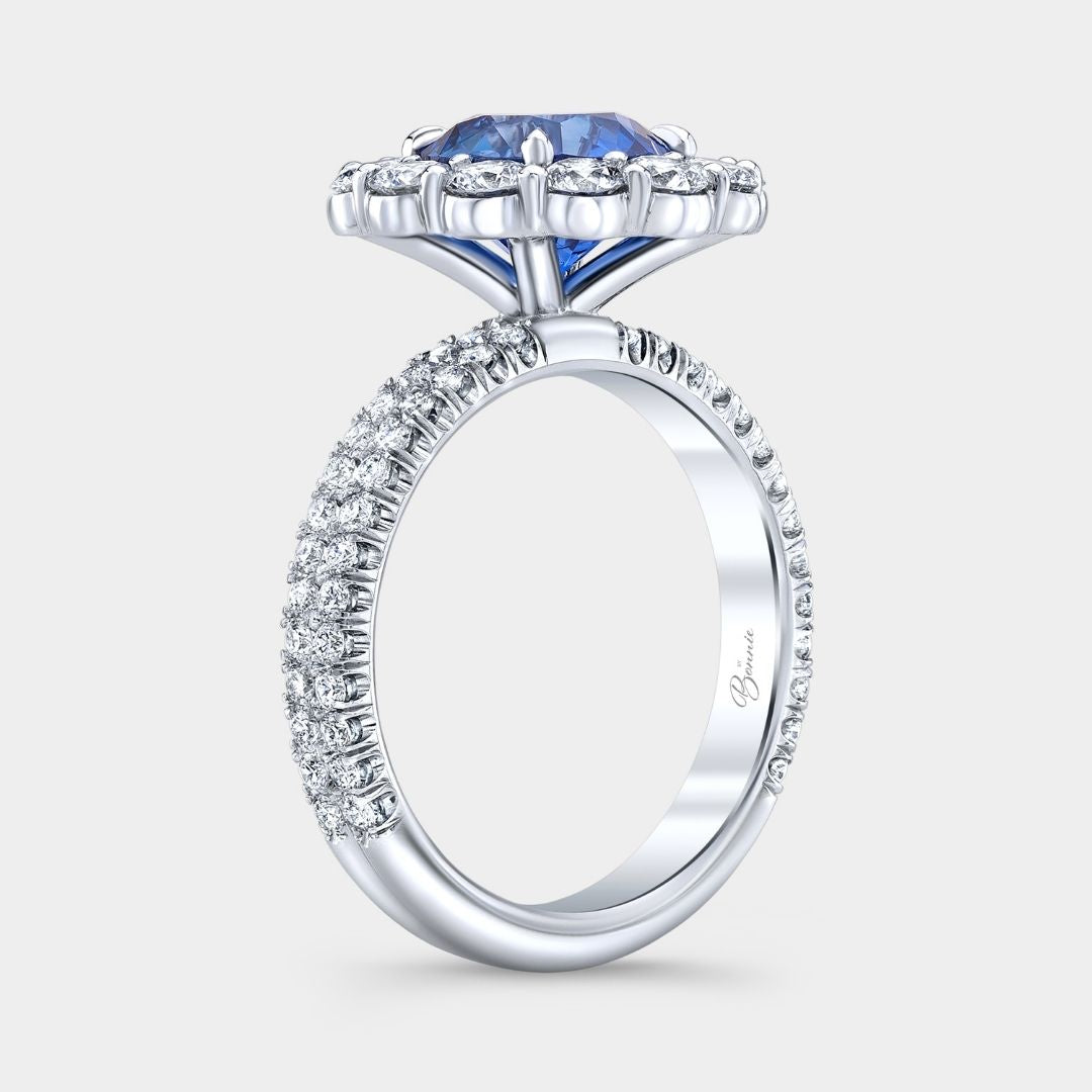 2ct Blue Sapphire Floral Halo Double Row U Pave White Gold Engagement Ring