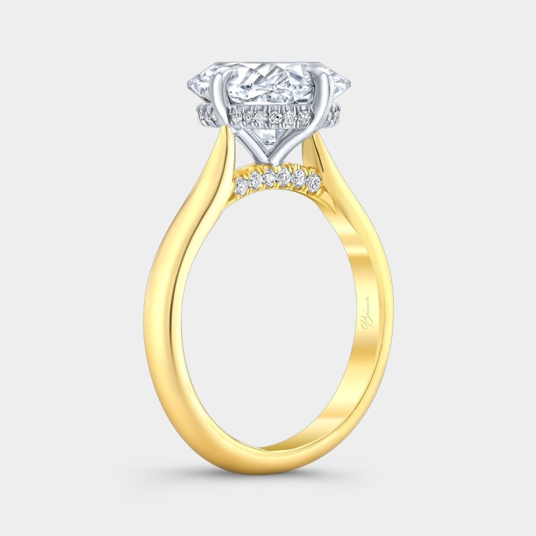 Cushion Diamond North South Prong Hidden Halo Tapered Cathedral Solitaire with Pave Diamond Bridge Yellow Gold And Platinum Engagement Ring
