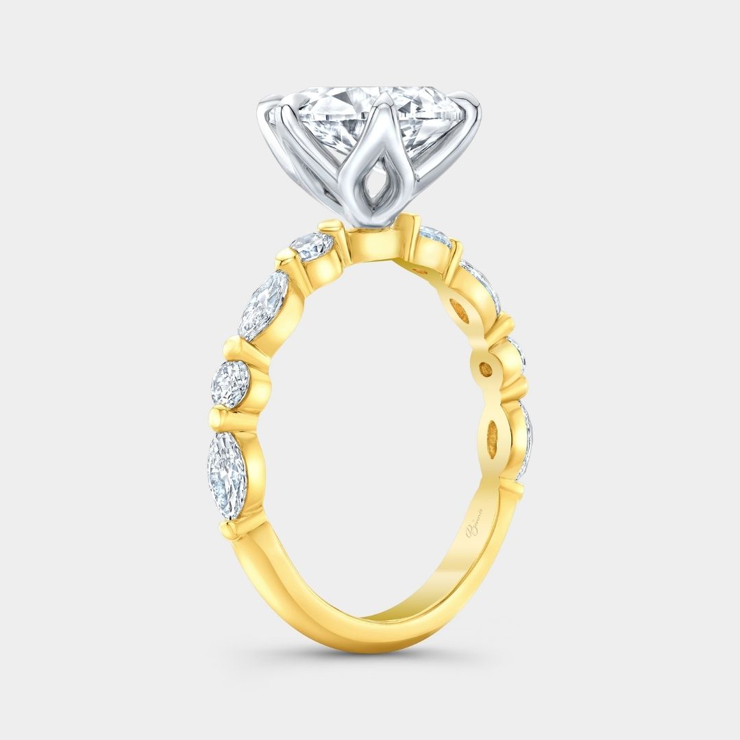 Pear Diamond Tulip French Pave Tulip Basket Petite Round & Marquise Diamond Band Engagement Ring