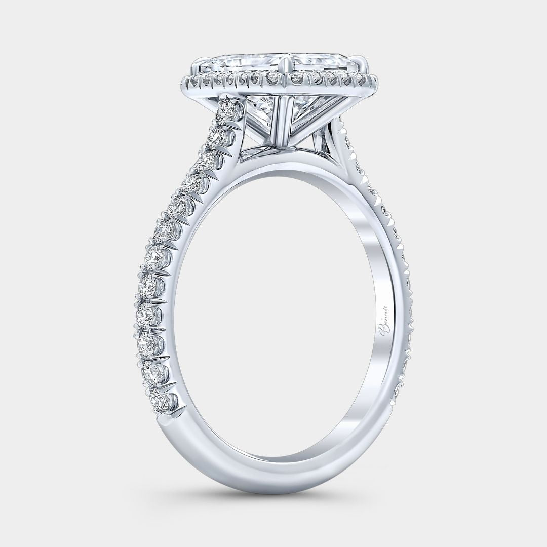 Radiant Diamond Seamless Halo Cathedral U Pave French Pave Platinum Engagement Ring