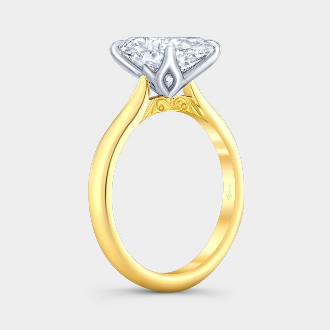 Oval Diamond Tulip Low Tapered Cathedral Solitaire Yellow Gold And Platinum Engagement Ring
