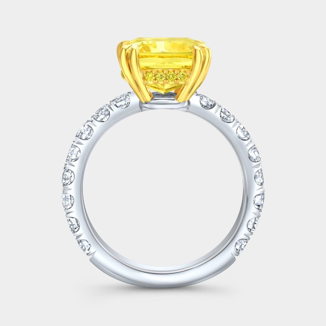 4.50ct Fancy Yellow Cushion Diamond Hidden Halo Double Prong 3/4 Way U Pave Yellow Gold and Platinum Engagement Ring