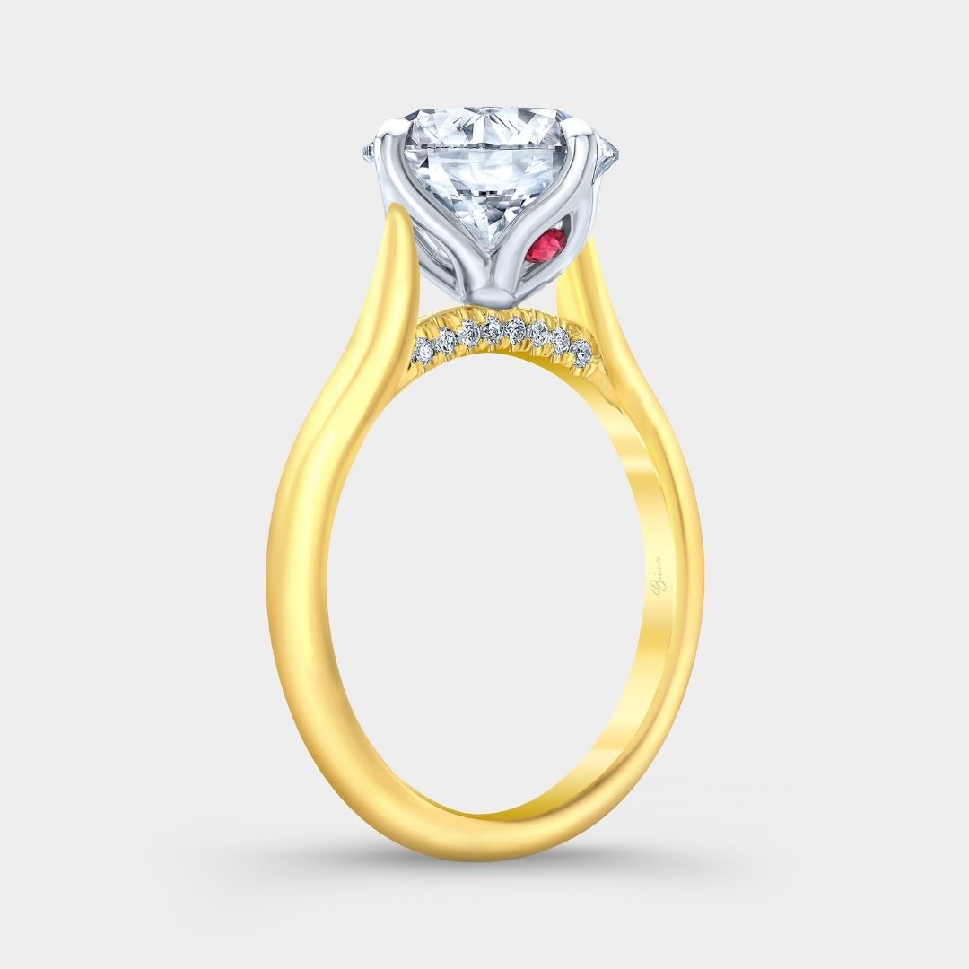 Round Diamond Compass Prong Tulip Basket Peekaboo Rubies Tapered Cathedral Diamond Bridge Solitaire Yellow Gold and Platinum Engagement Ring