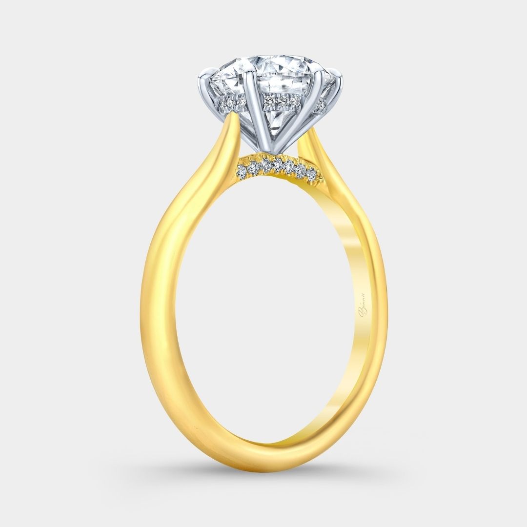 Round Diamond 6 Prong Hidden Halo Tapered Cathedral Diamond Bridge Solitaire Yellow Gold and Platinum Engagement Ring