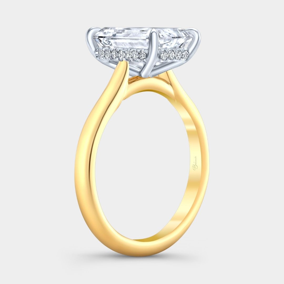 Emerald Diamond Hidden Halo Cathedral Solitaire Yellow Gold and Platinum Engagement Ring