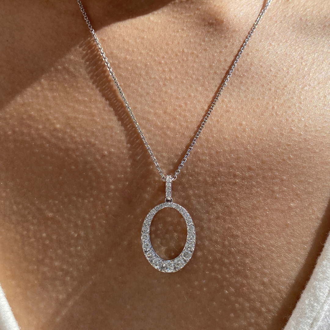 Round Diamond Oval Shape Pendant White Gold Necklace