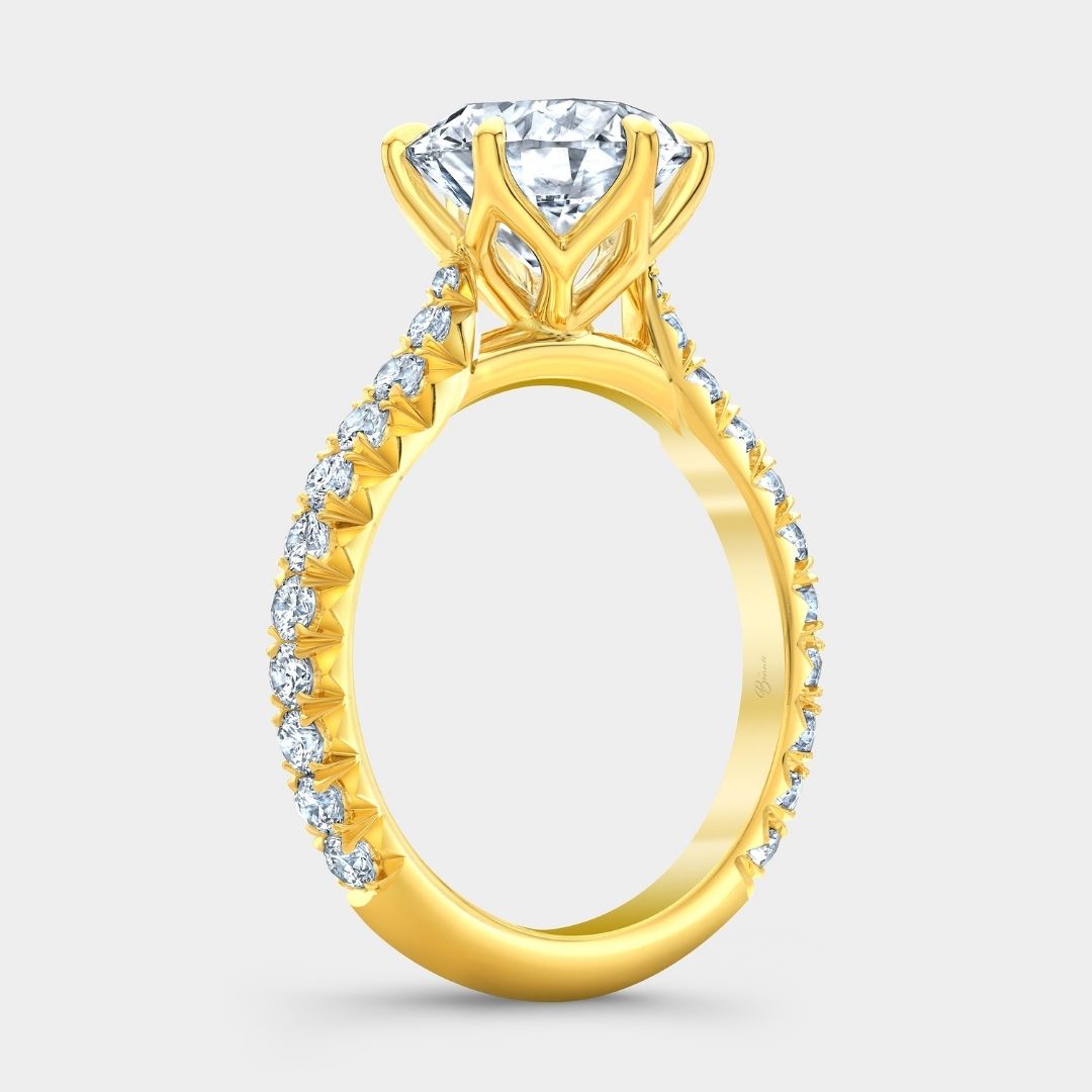 Round Diamond 6 Prong Tulip Basket Tapered Cathedral 3/4 Way French Pave Yellow Gold Engagement Ring