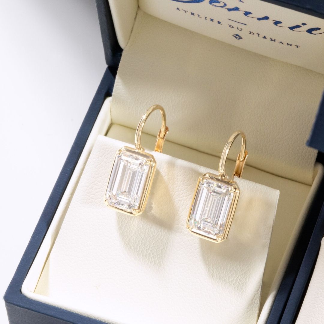 5ctw Lab Grown Emerald Diamond Mira Yellow Gold Dangle Drop Earrings
