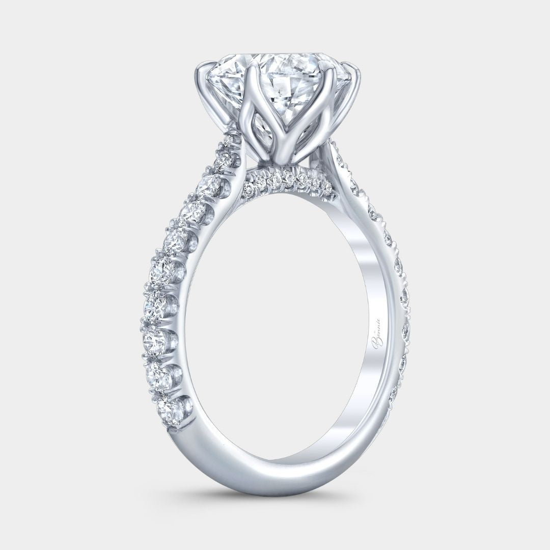 Round Diamond Tulip Basket 6 Prong Tapered Cathedral Pave Diamond Bridge U Pave Platinum Engagement Ring
