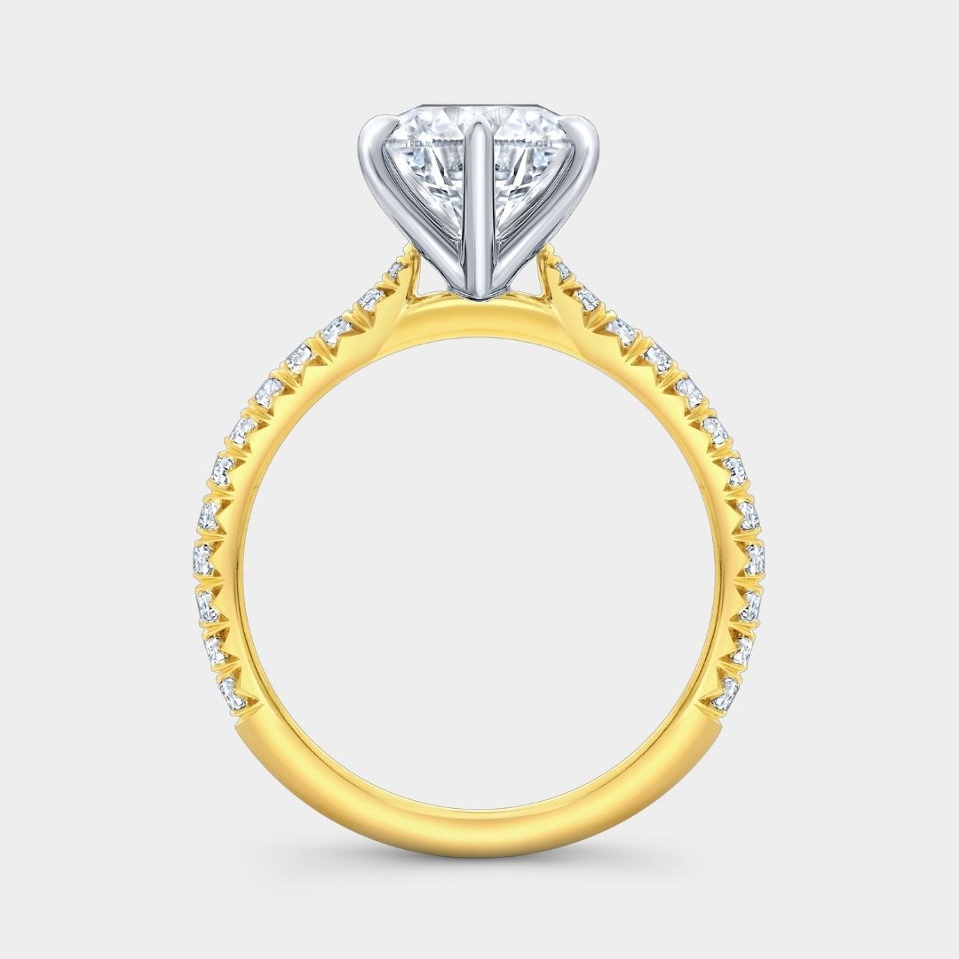 Round Diamond 6 Prong Low Tapered Cathedral French Pave Yellow Gold And Platinum Engagement Ring