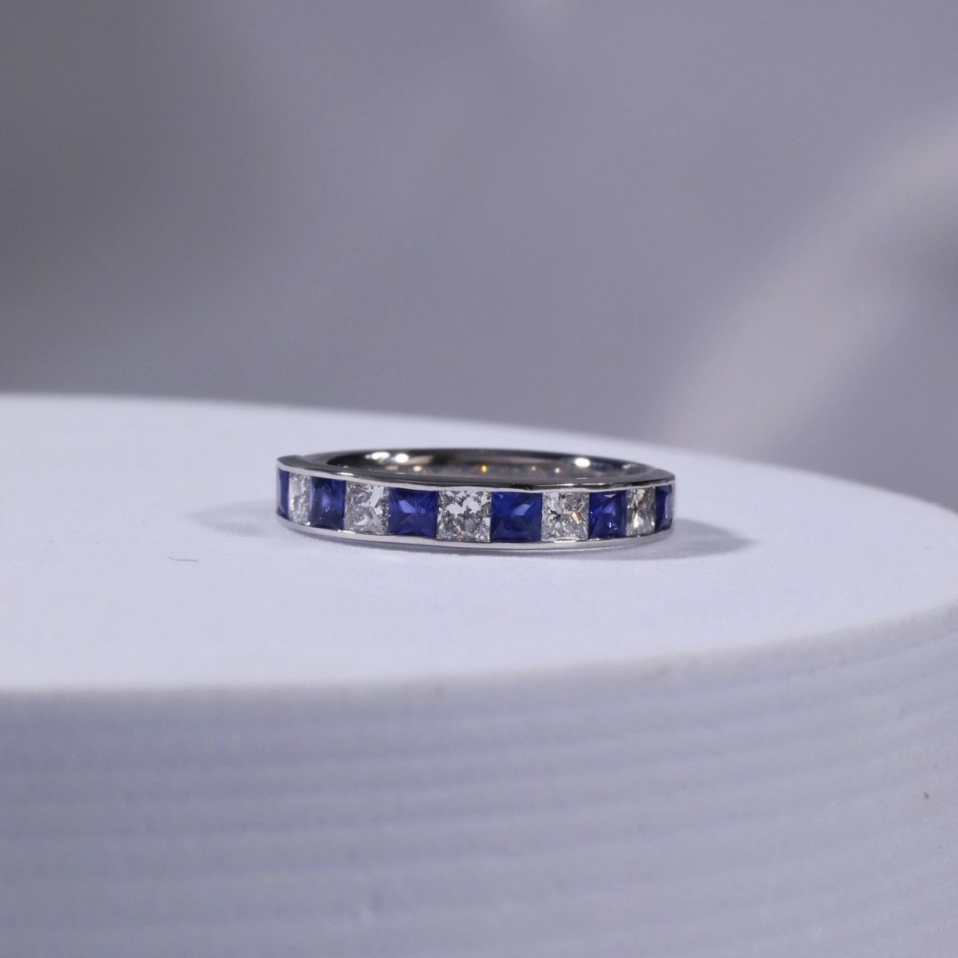 1ct Princess Cut Blue Sapphires and Diamond Channel Platinum Wedding Band