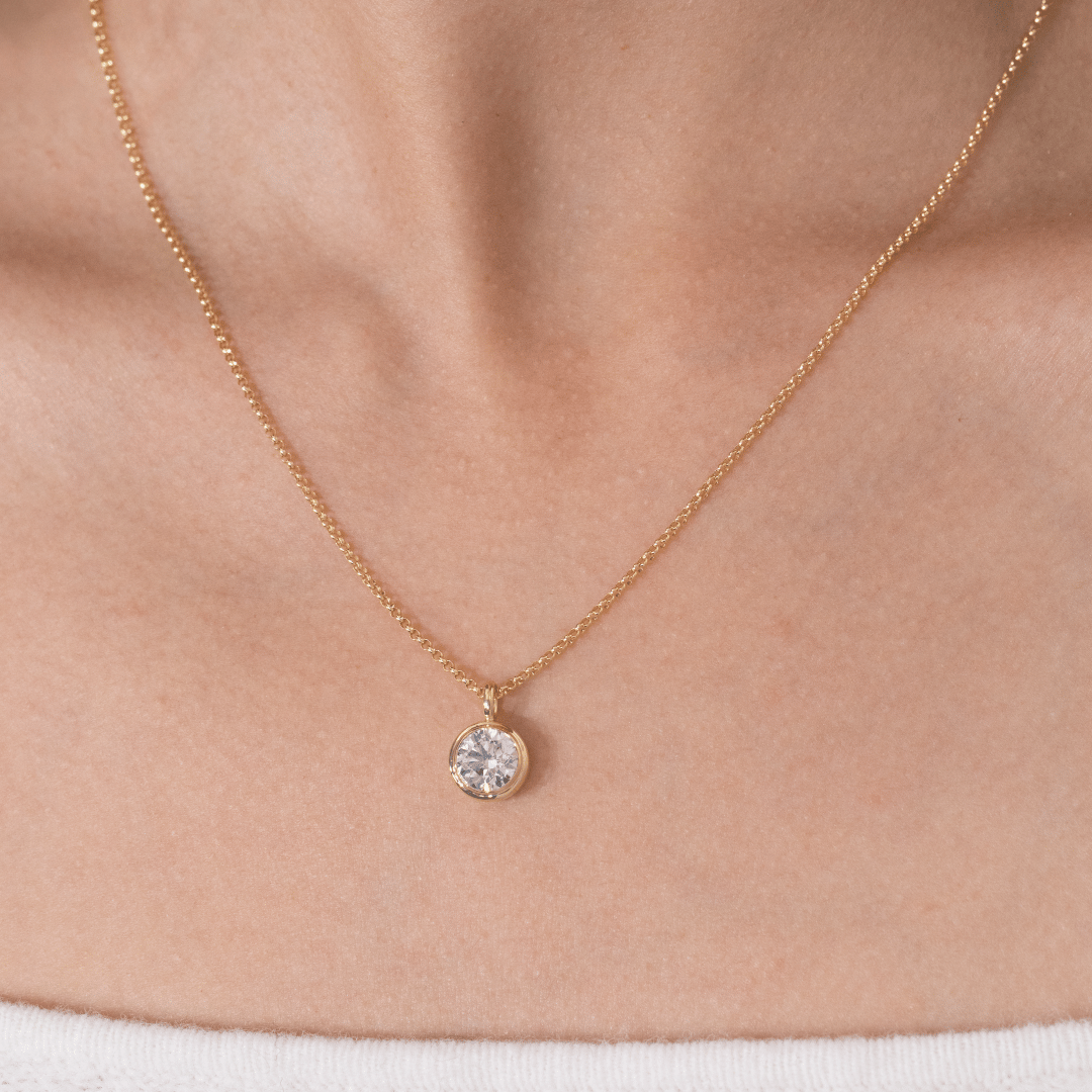 Round Brilliant Diamond Bezel Set Solitaire Pendant Yellow Gold Necklace