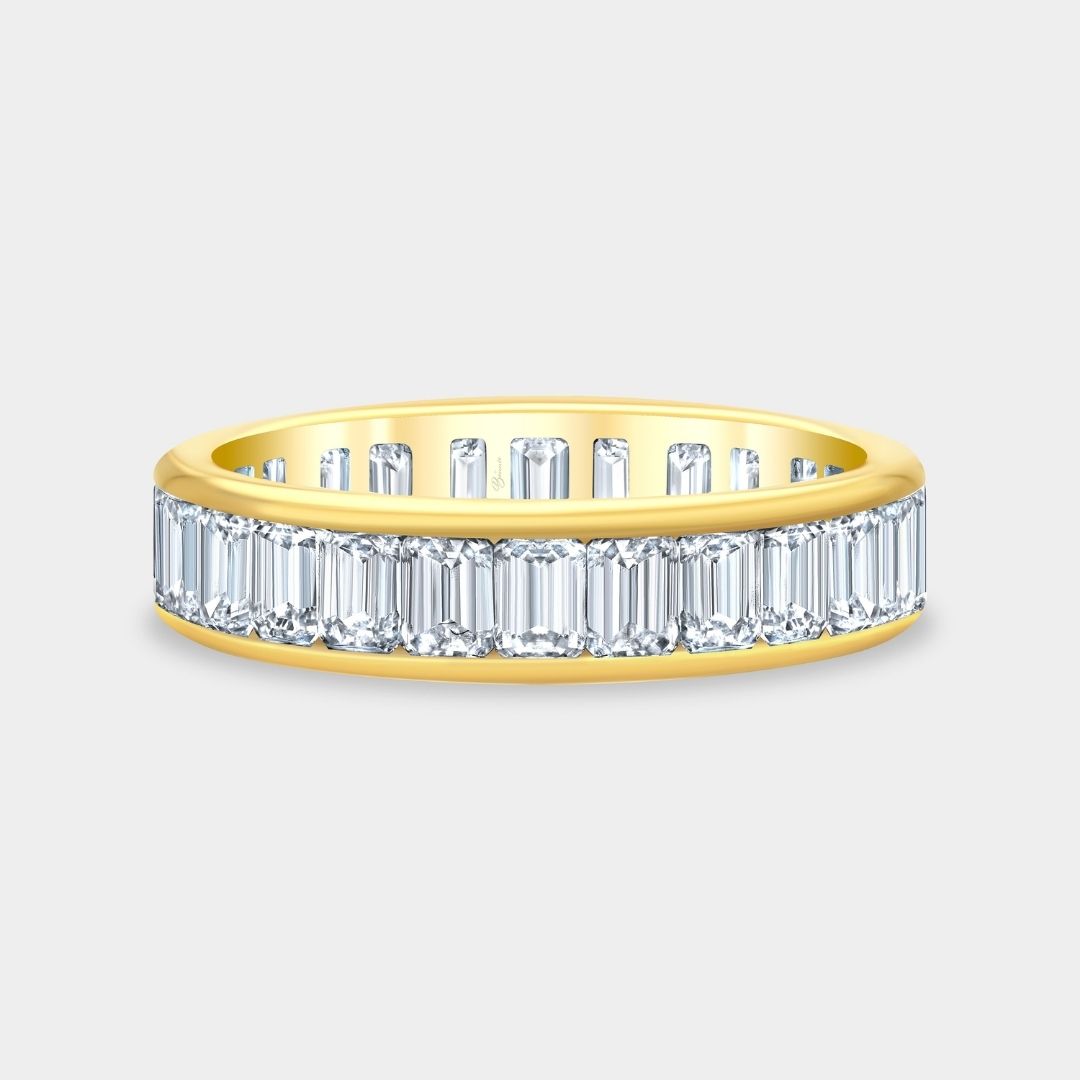 Emerald Diamond Thin Channel Set Eternity Yellow Gold Band