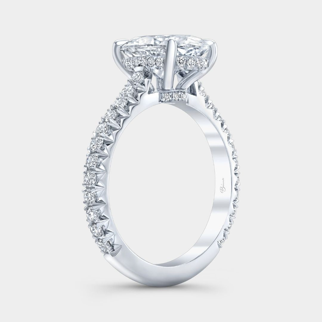 Oval Diamond Hidden Halo Hidden Blue Sapphire Cathedral French Pave Platinum Engagement Ring
