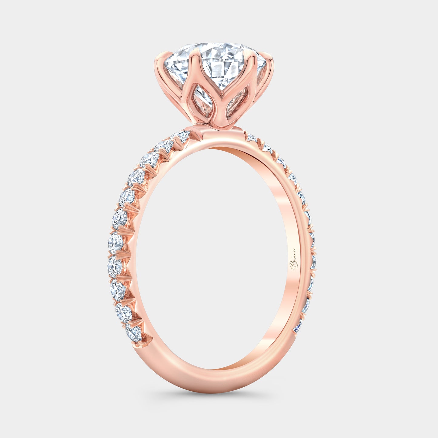 Round Diamond Tulip Basket 6 Prong Tapered Cathedral French Pave Rose Gold Engagement Ring