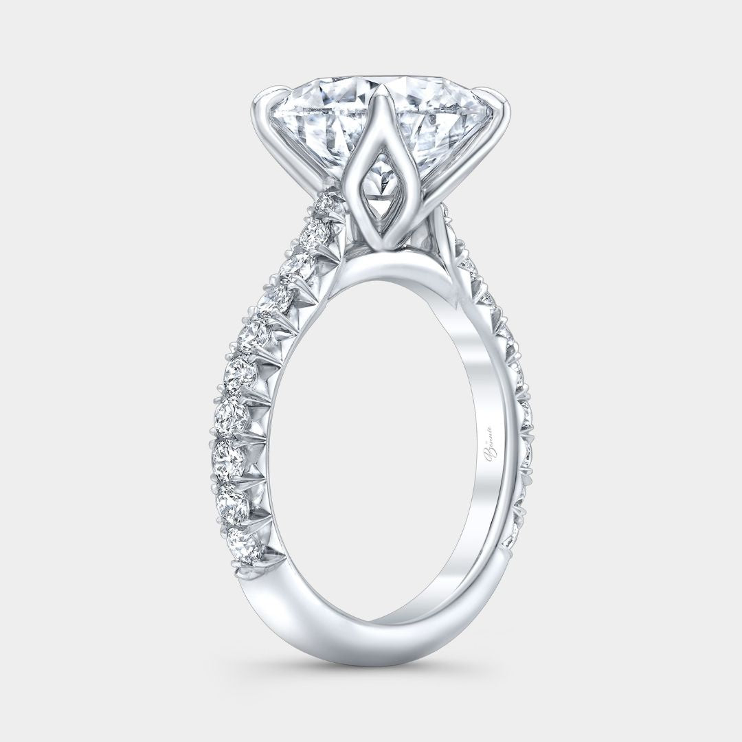 Round Diamond Tulip Basket 4 Prong Tapered Cathedral French Pave Platinum Engagement Ring