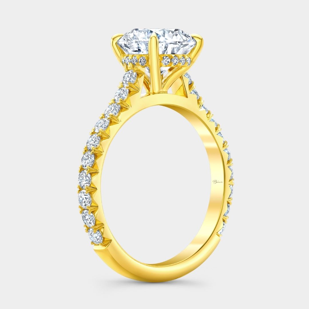 Round Diamond 4 Prong Hidden Halo Cathedral French Pave Yellow Gold Engagement Ring