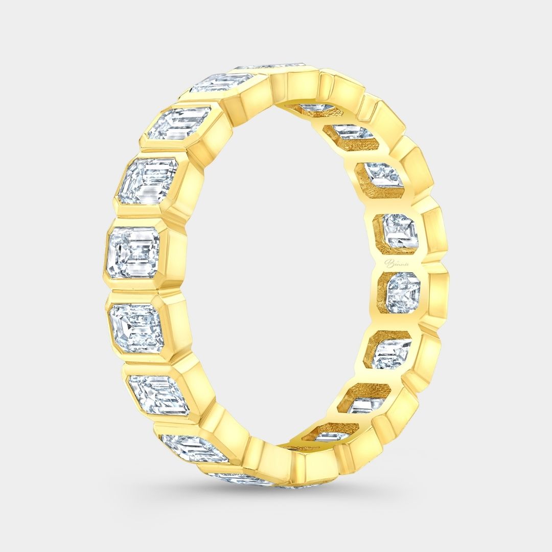 2.75ct Emerald Cut Diamond Bezel Set Yellow Gold Eternity Band