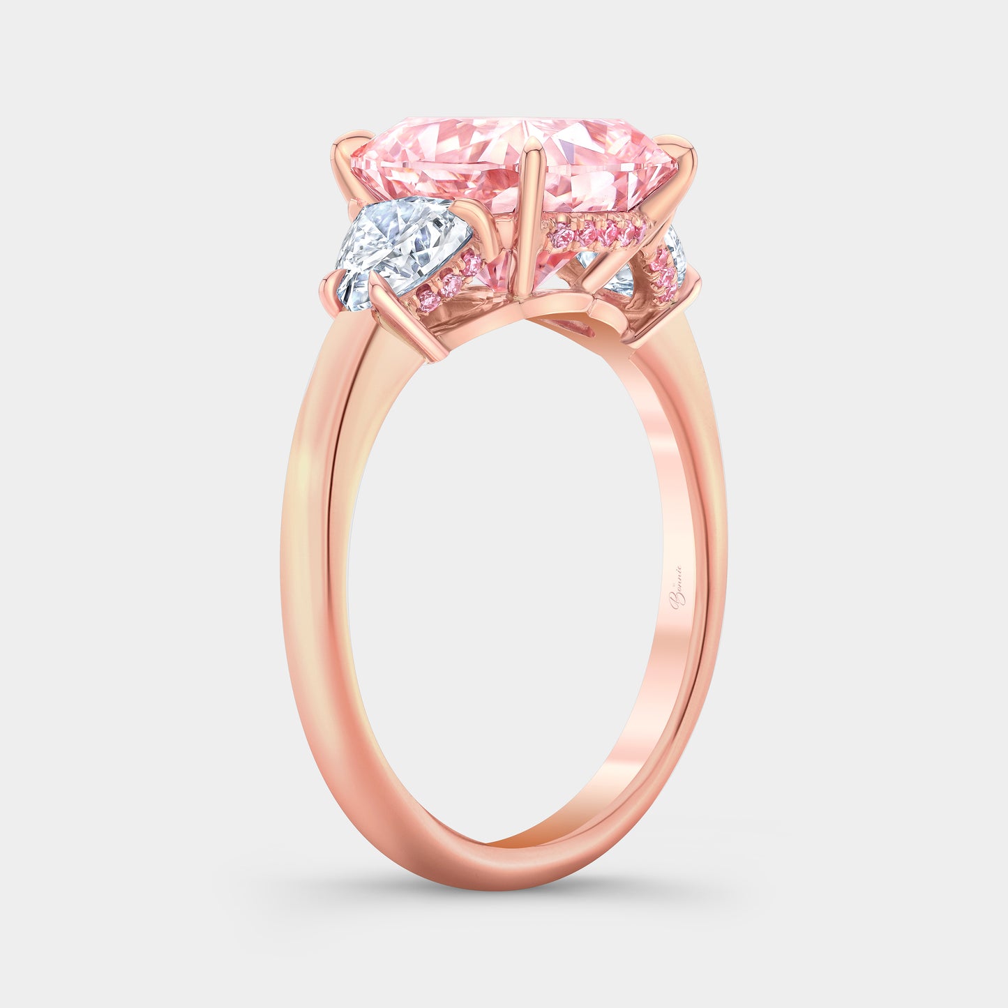 4ct Lab Grown Pink Cushion Cut Diamond 3 Stone Engagement Ring with Trillions