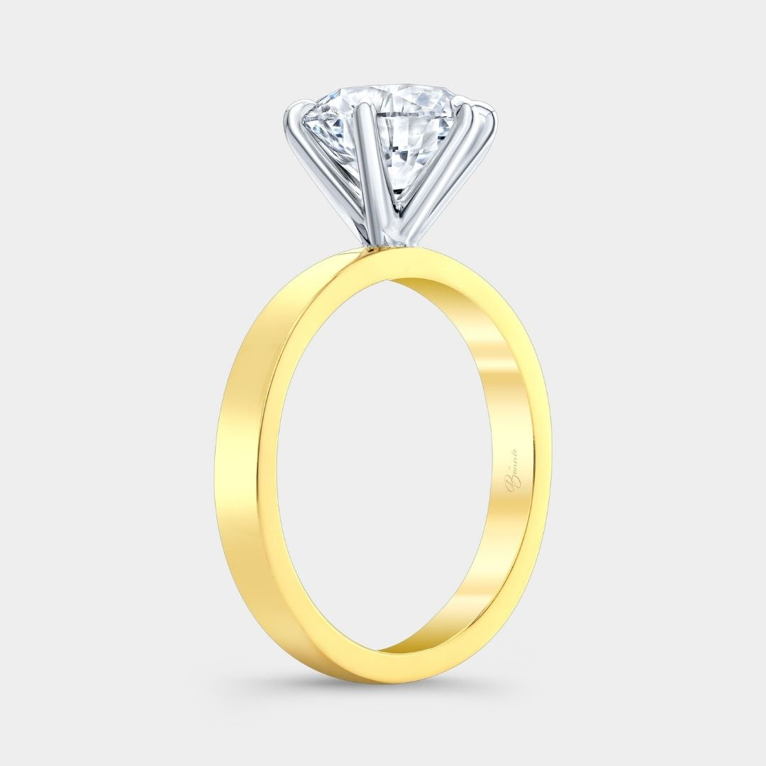 Round Diamond 6 Straight Prong Flat Pipe Shank Solitaire Yellow Gold And Platinum Engagement Ring