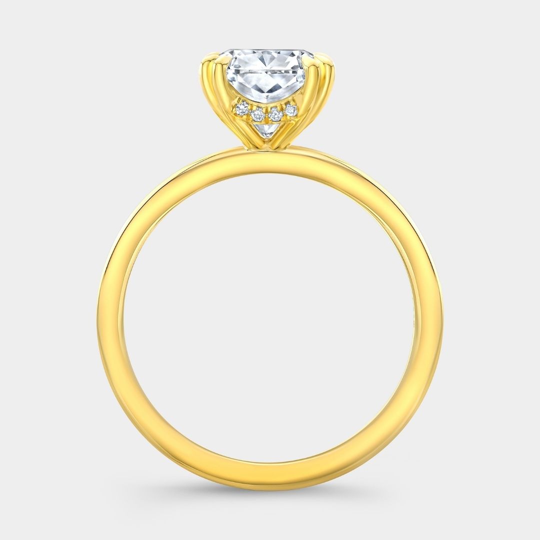 Cushion Diamond Curved Bar Hidden Halo Solitaire Yellow Gold Engagement Ring