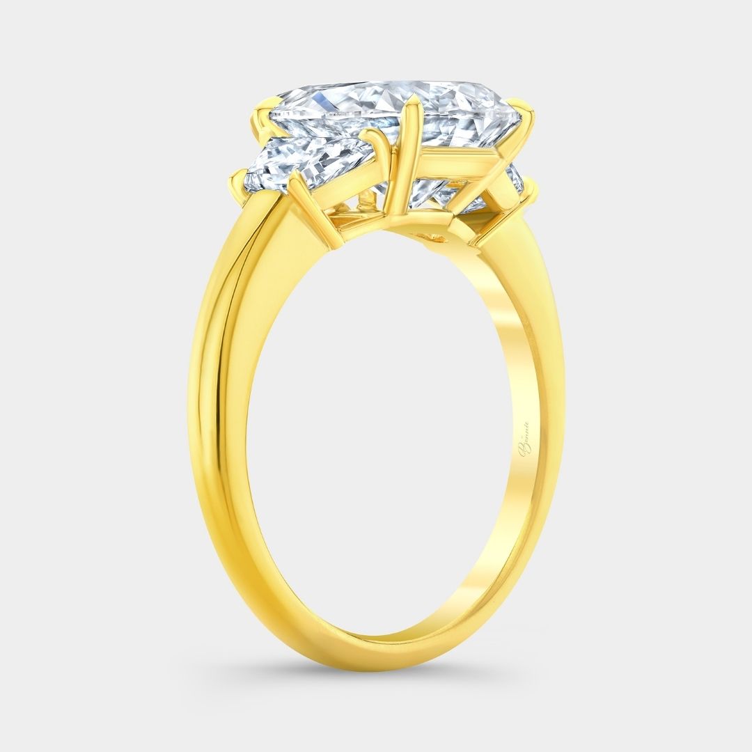 4ct Pear Shape Diamond with Trapezoid Yellow Gold 3 Stone Ring