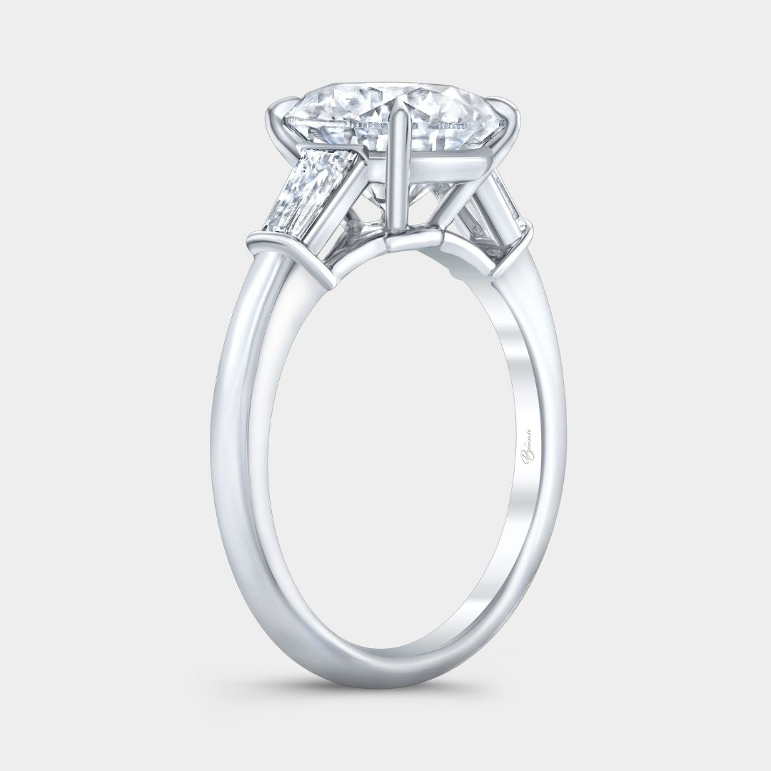 Round Diamond 3 Stone Ring with Tapered Baguette Side Stones Platinum Engagement Ring