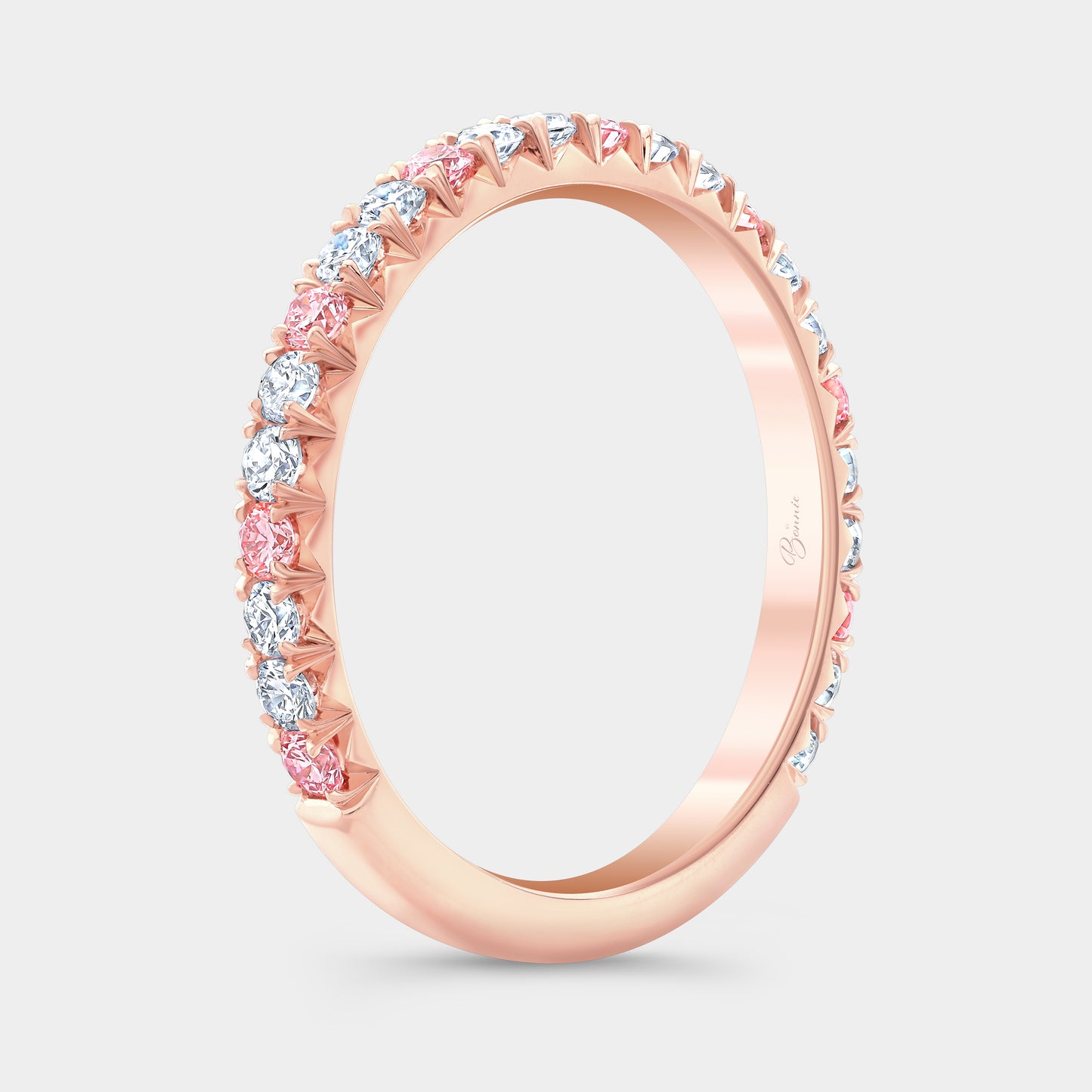 Lab Pink White Diamonds French Pave Wedding Band