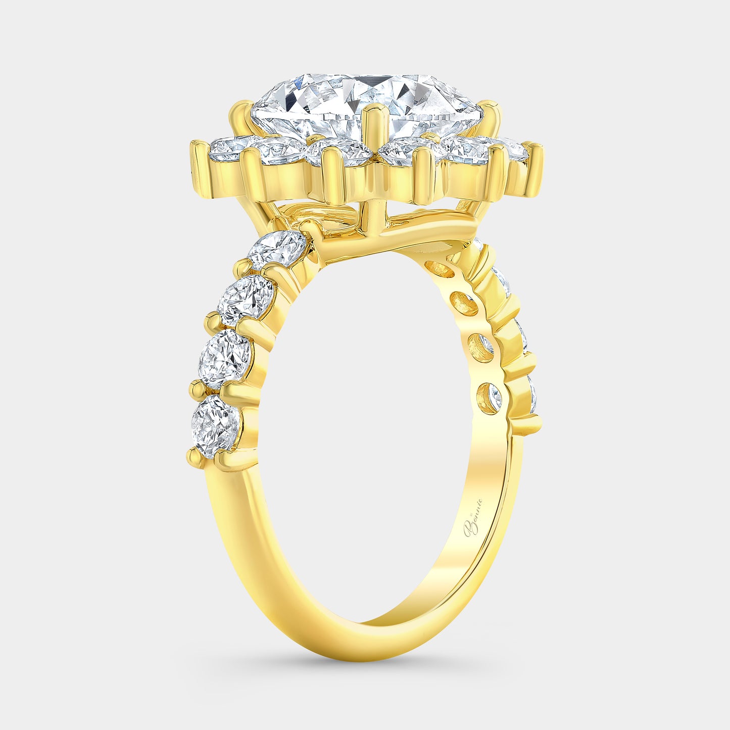 Round Diamond La Fleur Halo Shared Prong Band Yellow Gold Engagement Ring