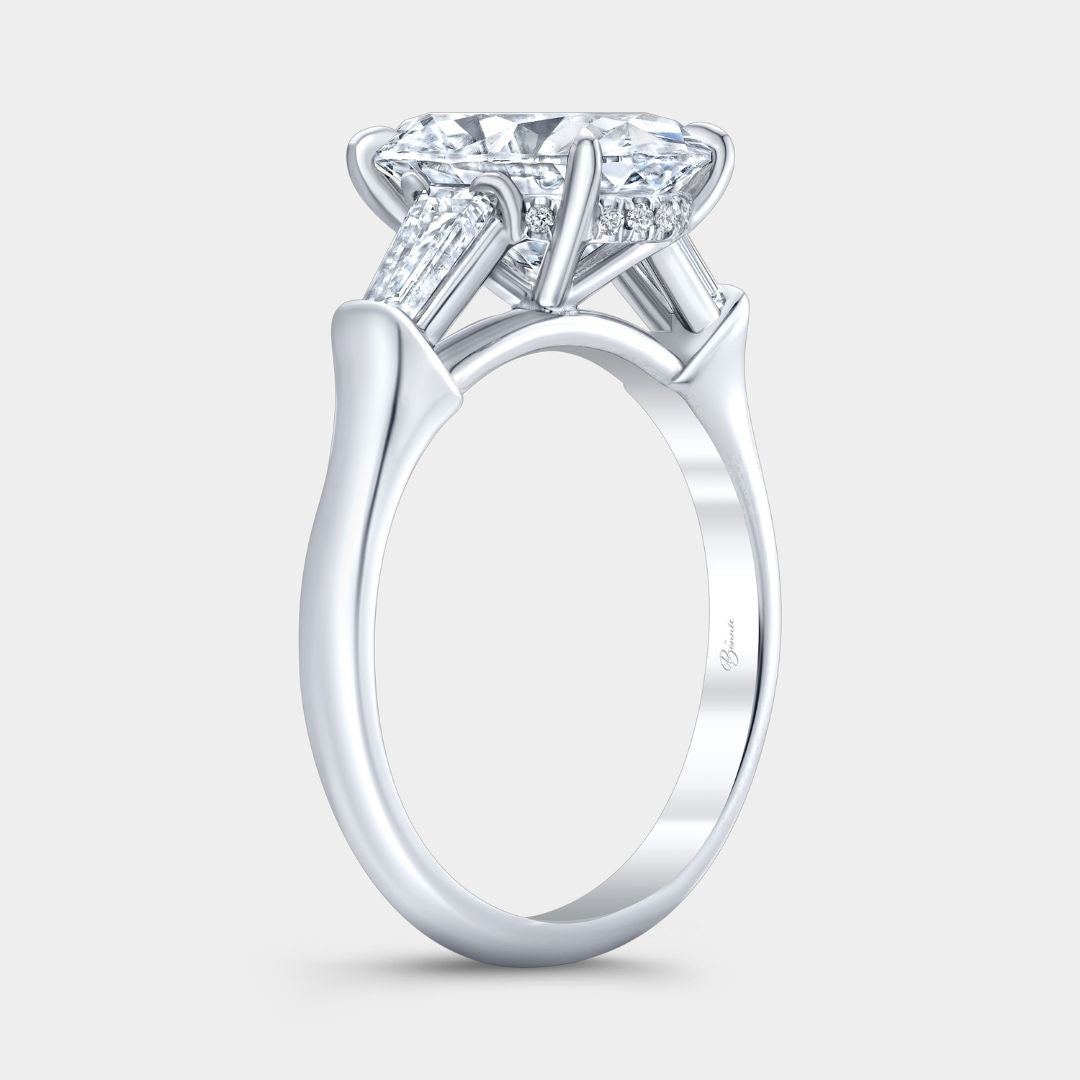 Oval Diamond 3 Stone Ring with Tapered Baguette Side Stones Platinum Engagement Ring
