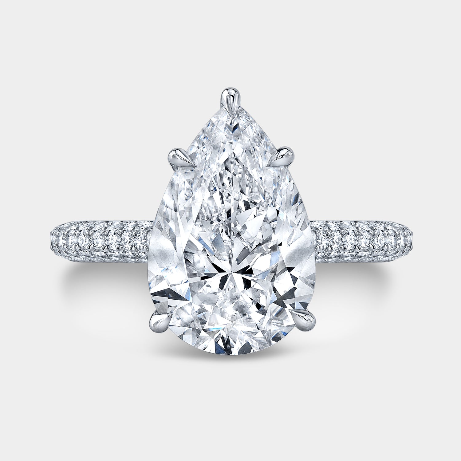 4ct pear diamond engagement ring, pave eternity setting.