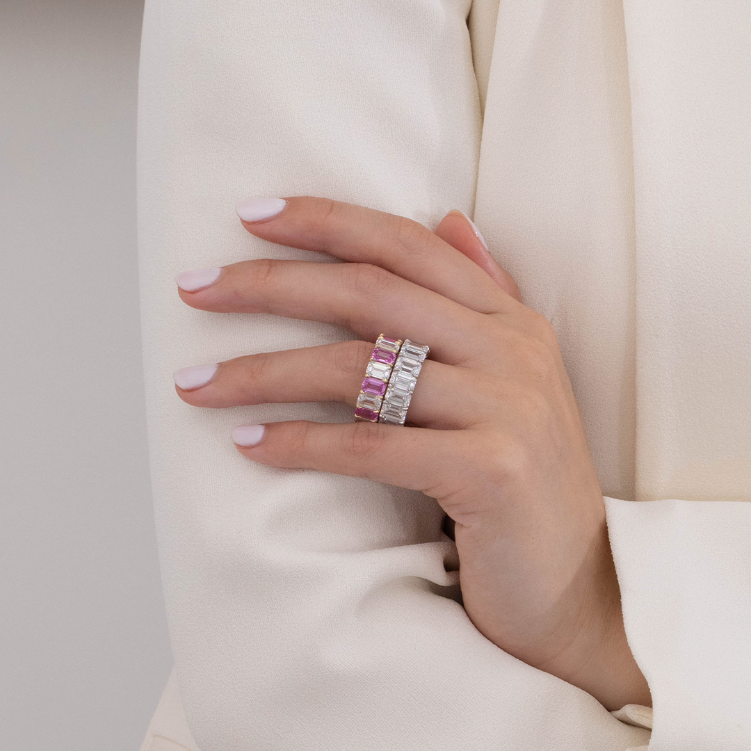 11ct Emerald Cut Pink Sapphire and Diamond 6.50mm Eternity Band