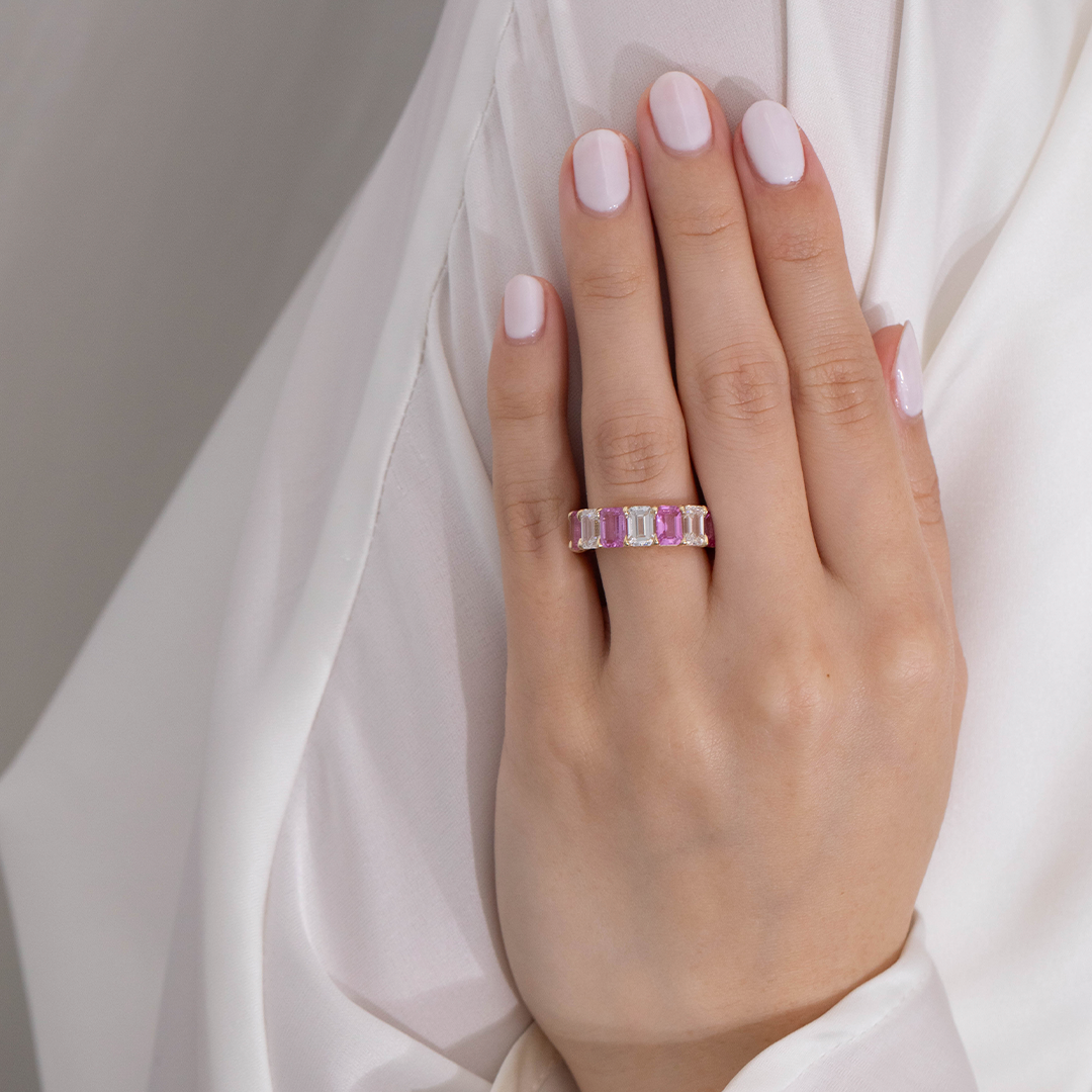 11ct Emerald Cut Pink Sapphire and Diamond 6.50mm Eternity Band