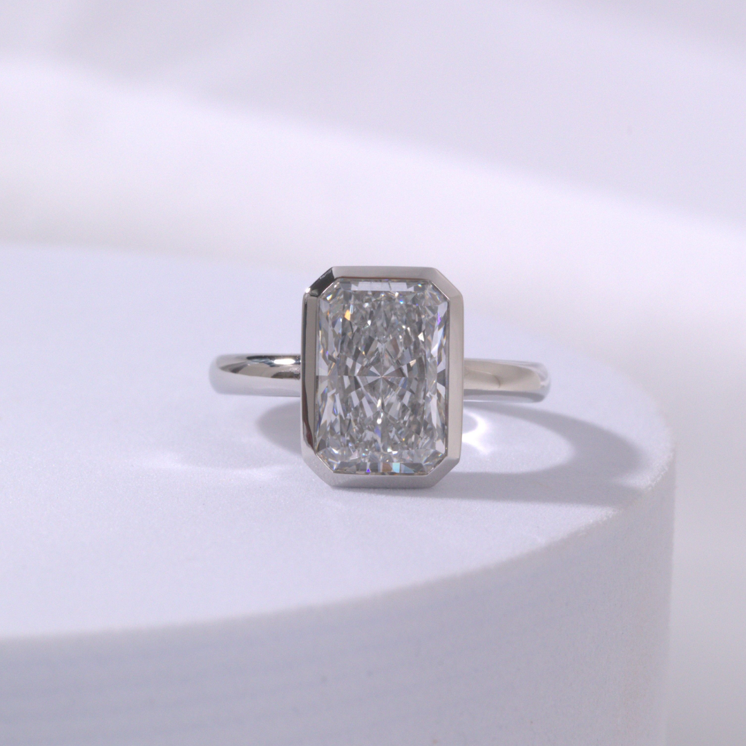 Radiant Diamond Bezel Set Low Profile Solitaire Platinum Engagement Ring