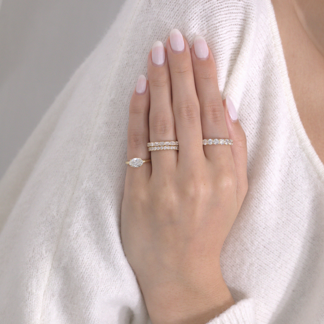 Oval Diamond East West Low Profile Solitaire Yellow Gold Pinky Ring