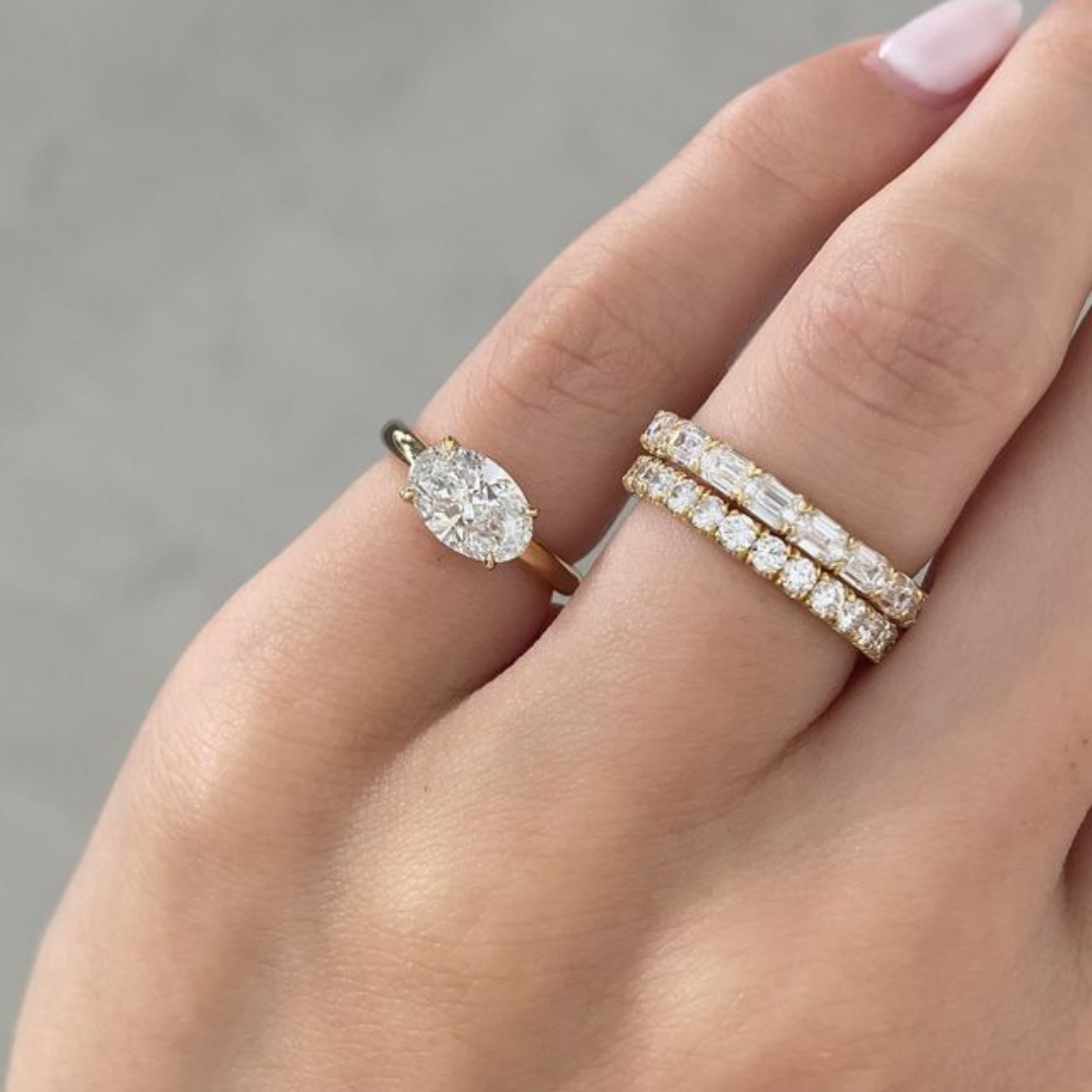 Oval Diamond East West Low Profile Solitaire Yellow Gold Pinky Ring