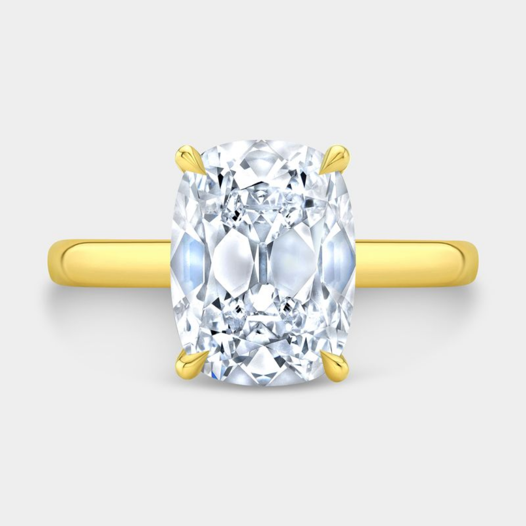 Cushion Diamond Old Mine Hidden Halo Tapered Cathedral Solitaire Yellow Gold Engagement Ring