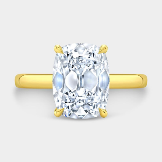 Cushion Diamond Old Mine Hidden Halo Tapered Cathedral Solitaire Yellow Gold Engagement Ring