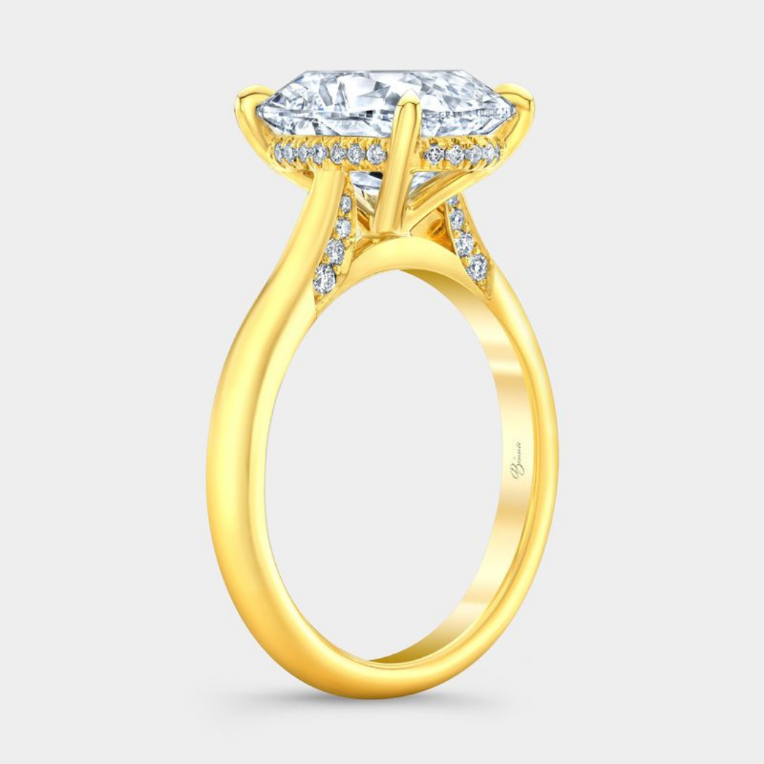 Cushion Diamond Old Mine Hidden Halo Tapered Cathedral Solitaire Yellow Gold Engagement Ring