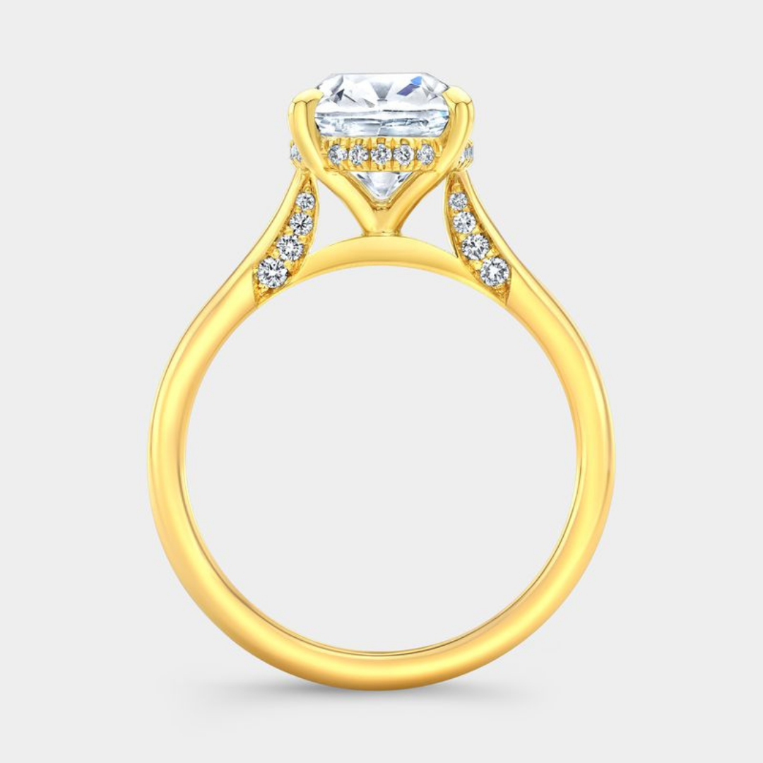 Cushion Diamond Old Mine Hidden Halo Tapered Cathedral Solitaire Yellow Gold Engagement Ring