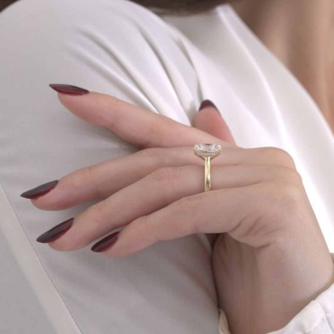 Cushion Diamond Old Mine Hidden Halo Tapered Cathedral Solitaire Yellow Gold Engagement Ring