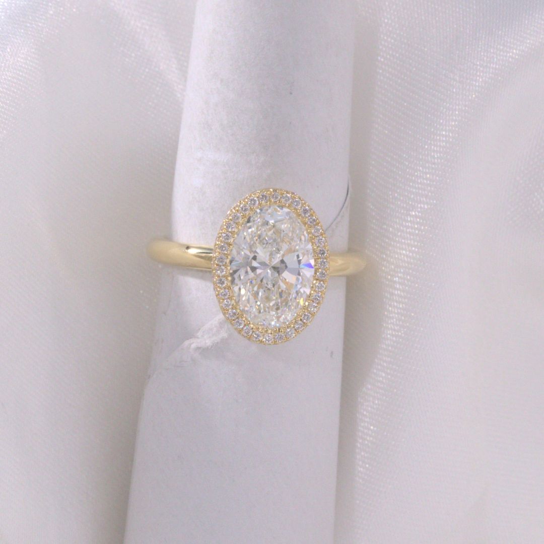 2.06ct Lab Grown Oval Diamond Delicate Halo Solitaire Yellow Gold And Platinum Engagement Ring