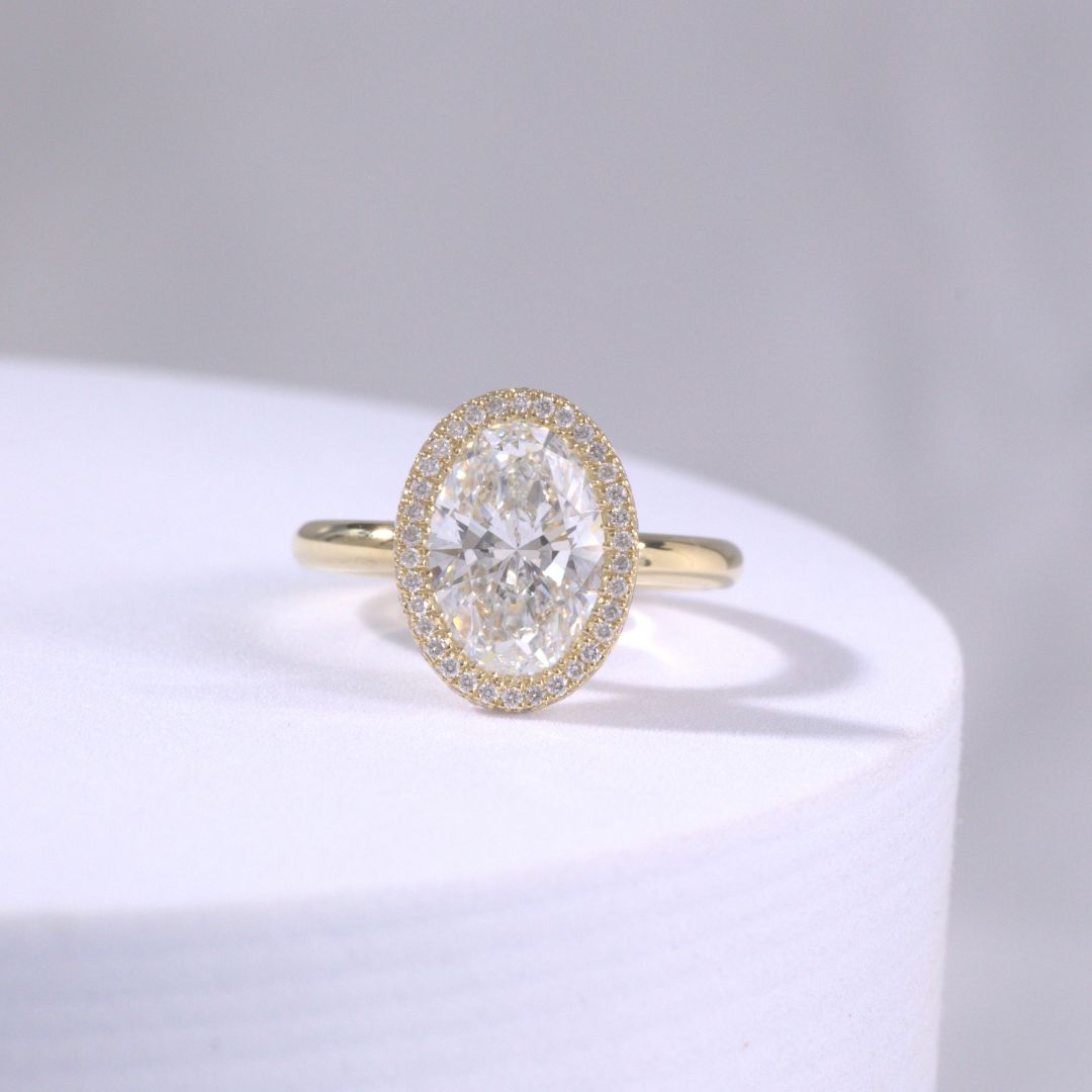 2.06ct Lab Grown Oval Diamond Delicate Halo Solitaire Yellow Gold And Platinum Engagement Ring