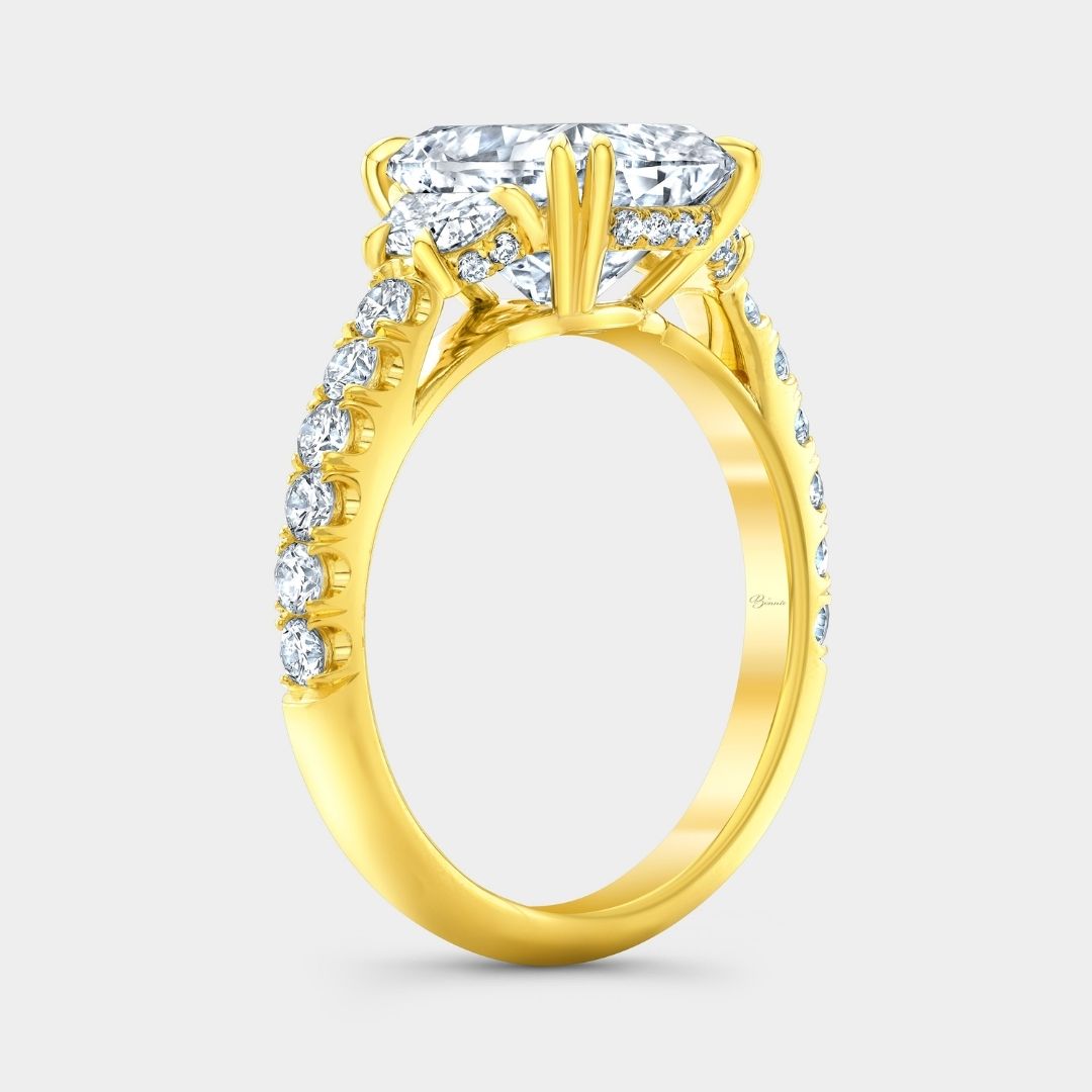 Cushion Diamond Hidden Halo U Pave with Half Moon Side Stones Yellow Gold Engagement Ring