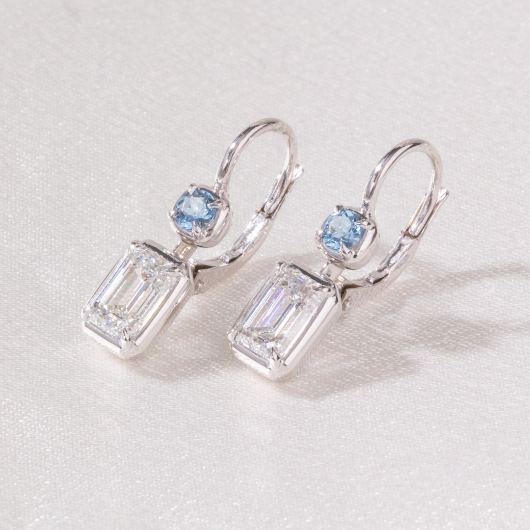 2ct Lab Grown Emerald Diamond & Natural Blue Aquamarine Double Drop Earrings