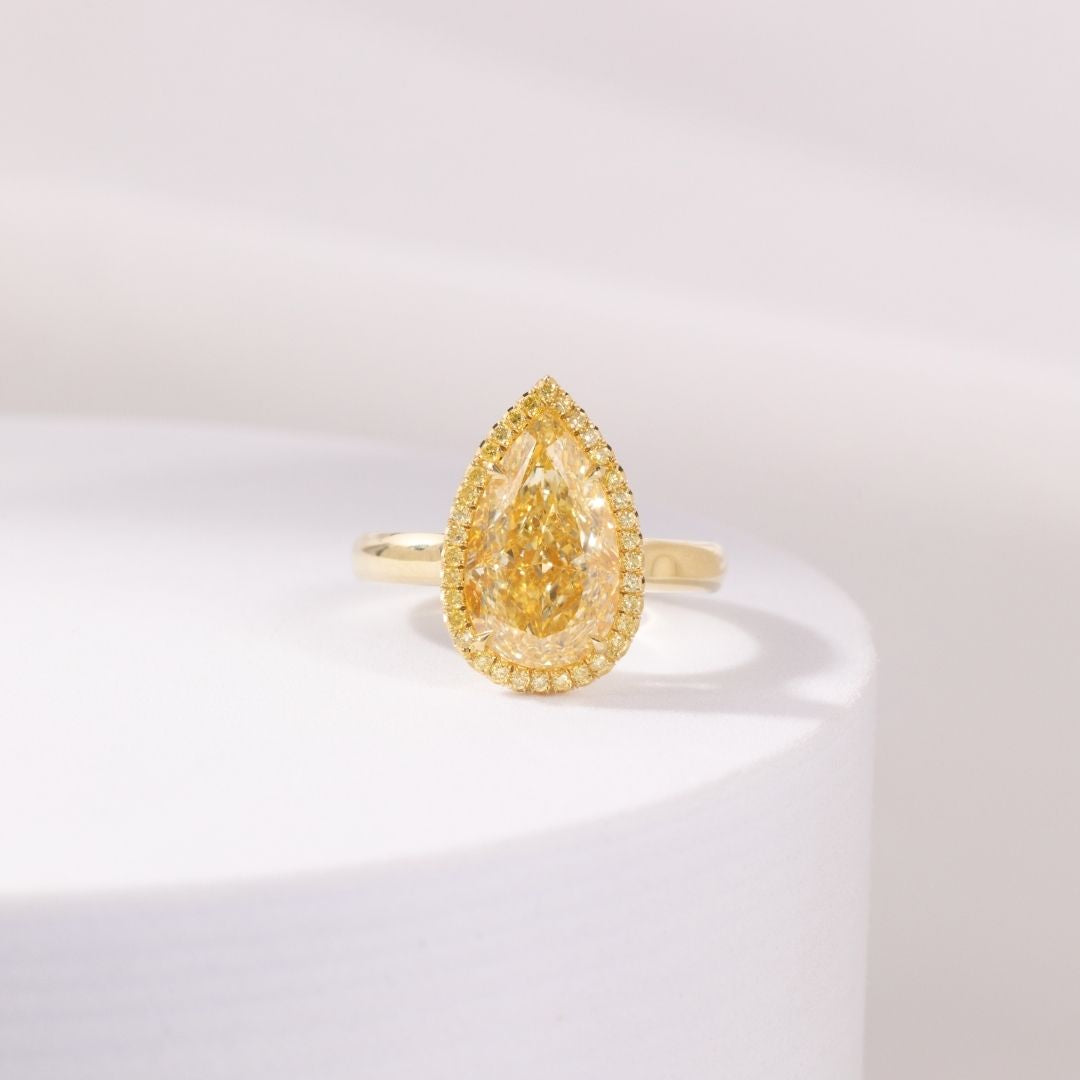 3.6ct Pear Shape Yellow Lab Grown Diamond Halo Solitaire Engagement Ring